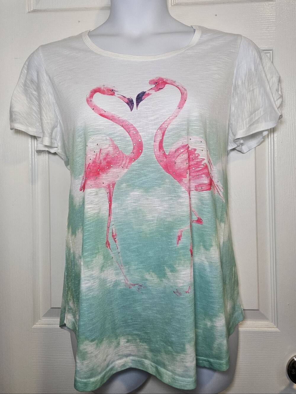 Time and Tru White Tee with Pink Flamingo Print, Lace and Rhinestones
